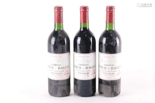 Three bottles of 1989 Chateau Lynch Bages Pauillac.