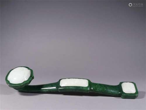 A Chinese Carved Jasper Ruyi with Jade Inlaid