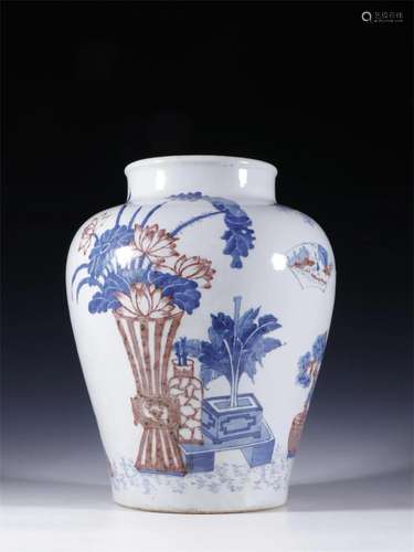 A Chinese Blue and White Flower Patterned Porcelain Jar