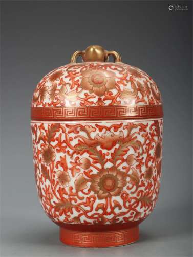 A Chinese Iron-Red Glazed Porcelain Lidded Jar