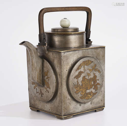 Qing Dynasty Bronze-Inlaid Tin Teapot