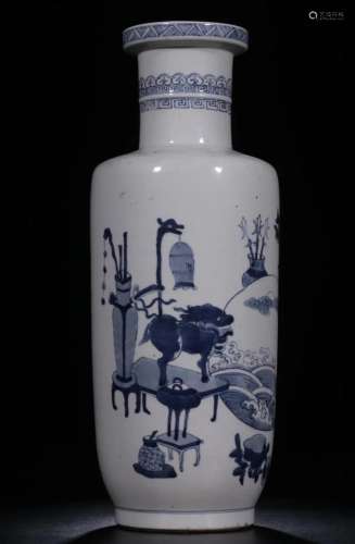 BLUE AND WHITE ROULEAU VASE WITH FLOWERS