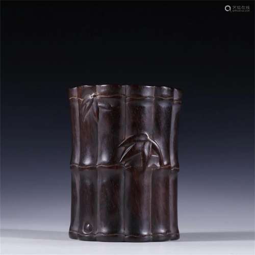 A Chinese Carved Zitan Wood Brush Pot