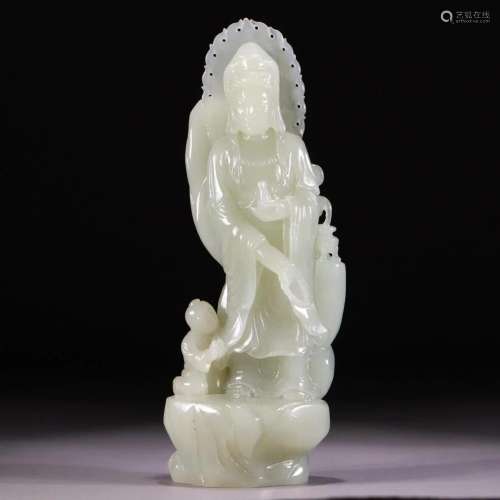 JADE CARVING FIGURINE OF GUANYIN AND KID