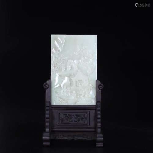 LANDSCAPE-RELIEFS WHITE JADE CARVING TABLE SCREEN