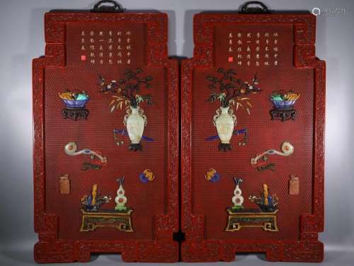 PAIR OF RED LACQUERED WOOD CARVING HANGING PANELS