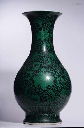 INK GROUND GREEN GLAZED FLORAL MOTIF VASE