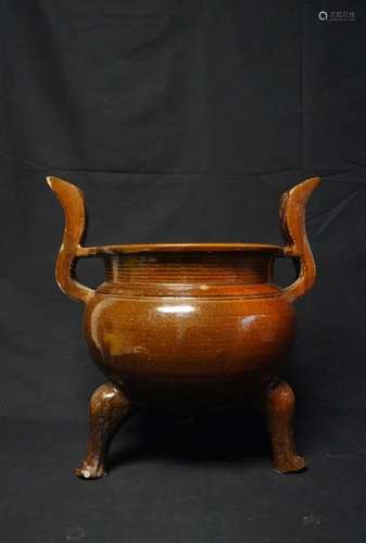 PERSIMMON GLAZED TRIPOD POTTERY CENSER