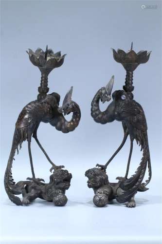 Pair of Chinese Phoenix Shaped Oil Lamp Stands