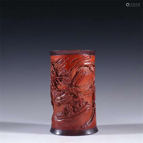 A Chinese Bamboo Brush Pot with Calligraphy