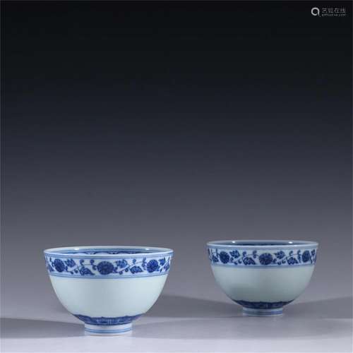 Pair of Chinese Blue and White Flower Porcelain Cups