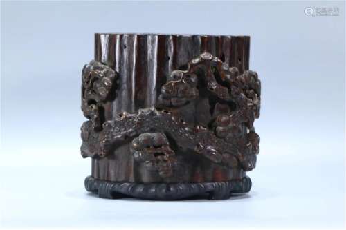 A Chinese Carved Agarwood Brush Pot