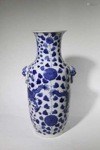 BLUE AND WHITE DRAGON AMONG PEONY ROULEAU VASE