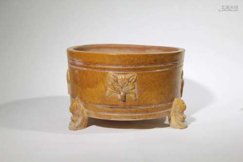 POTTERY TRIPOD CENSER WITH APPLIED BEASTS