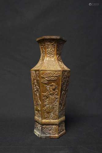 A LADIES-ENGRAVED OCTAGONAL YELLOW BRASS VASE