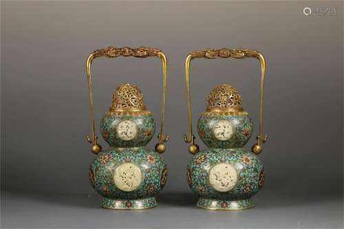 Pair of Chinese Cloisonne Gourd Shaped Incense Burner