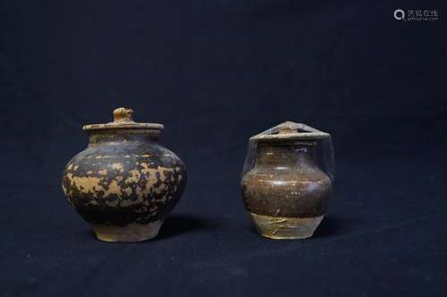 BLACK GLAZED LIDDED TEA CANISTERS, PAIR