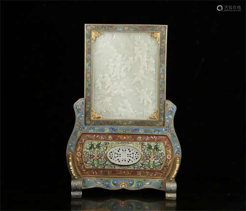 A Chinese Cloisonne and Table Screen with Jade Inlaid