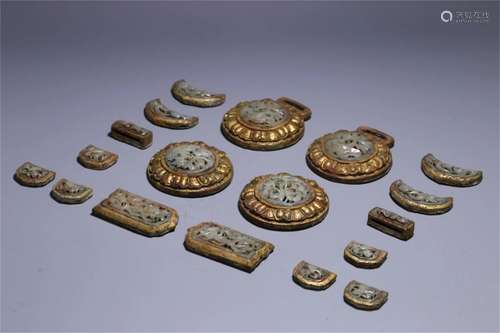 Set of Chinese Gilt Bronze Decorations with Jade Inlaid