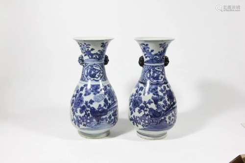 PAIR OF BLUE AND WHITE BEAST-EAR VASES