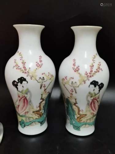 PAIR FAMILLE ROSE VASES WITH LADIES AMONG FLOWERS