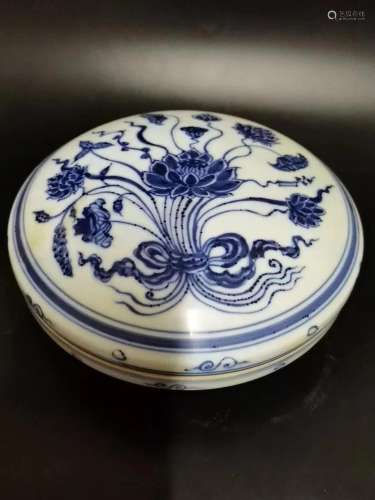 BLUE AND WHITE TRINKET BOX WITH LOTUS DESIGN