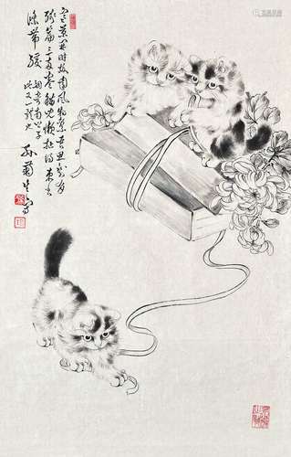 孙菊生 猫戏图 镜片 水墨纸本 