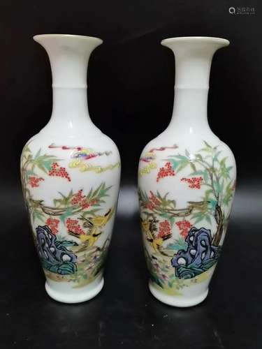 PAIR OF VASES WITH BIRD AND FLOWER MOTIF IN ENAMEL