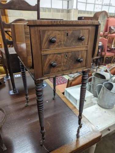 A Regency mahogany drop flap work table, width 38cm, depth 5...