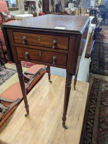 A Regency mahogany drop flap work table, the drawers with br...