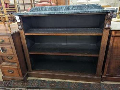 A Victorian rosewood dwarf open bookcase (replacement marble...