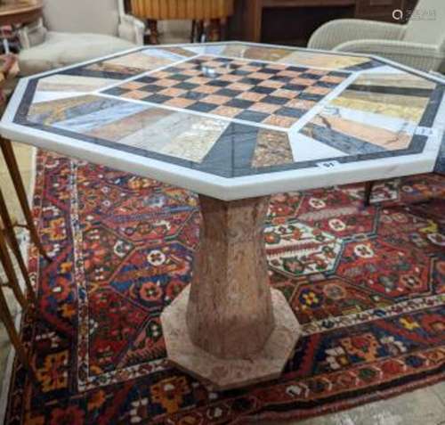 A modern octagonal specimen marble games table, width 91cm, ...