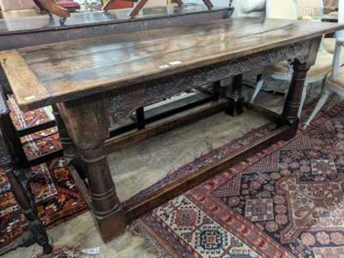 A 17th century rectangular oak refectory dining table, lengt...