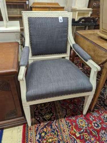 A pair of painted upholstered open armchairs, width 60cm, de...