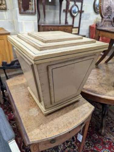 A painted pine sarcophagus shaped coal box with stepped cove...