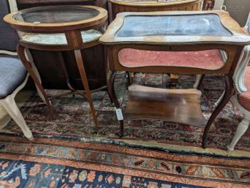 An oval marquetry inlaid mahogany bijouterie table, together...