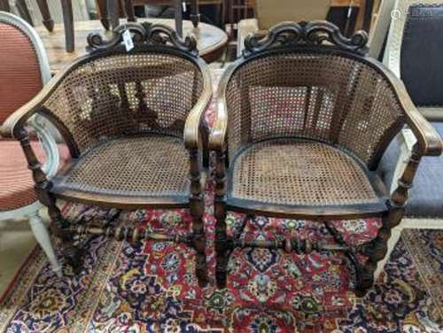 A pair of early 20th century Carolean style caned beech tub ...