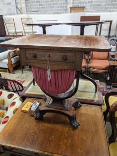 An early Victorian mahogany drop flap work table, width 64cm...