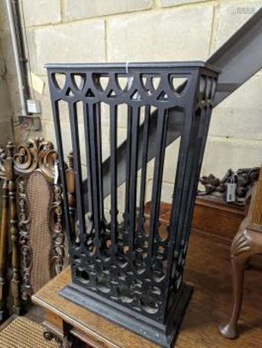 A painted gothic revival fretwork stick stand, width 36cm, d...