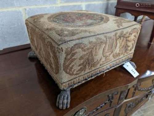 A Victorian tapestry embroidered square footstool, width 40c...