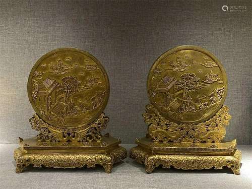 Pair of Chinese Gilt Bronze Table Screens