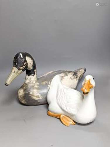 A modern painted decoy duck and a 20th century Chinese ceram...