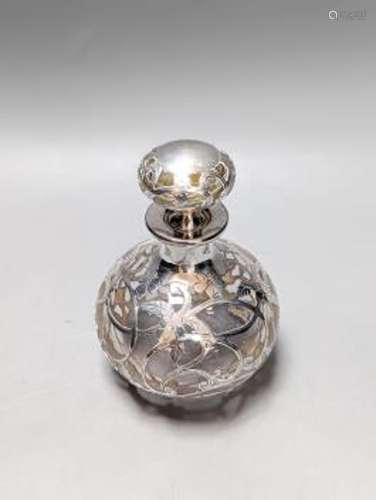 A sterling silver overlaid glass scent bottle 12.5cm