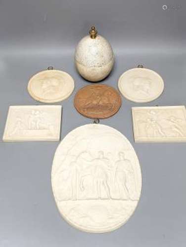 Decorative faux marble roundels, plaques and a faux ostrich ...