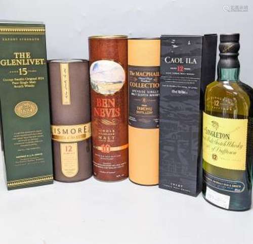 Six assorted single malt whiskies including The Macphails Co...