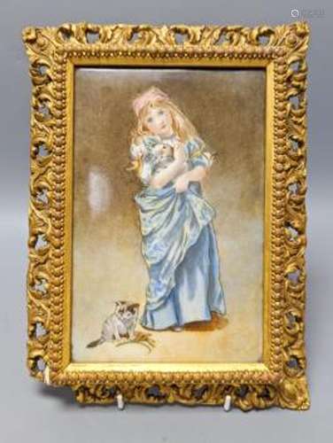 A Victorian porcelain plaque, painted with a girl with kitte...