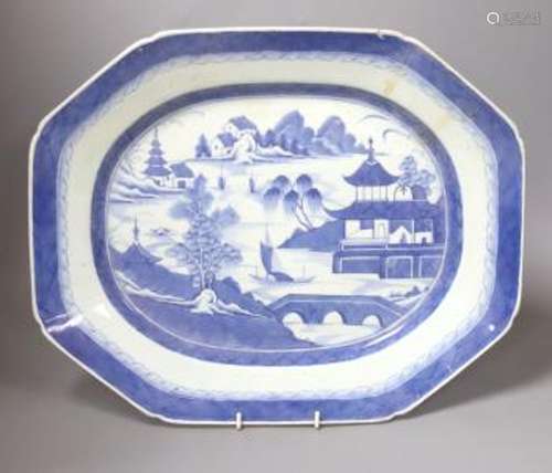 A 19th century Chinese Export blue and white octagonal meat ...