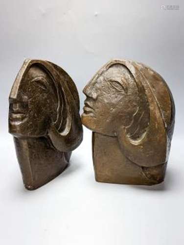 Two Art deco style patinated bronze female busts 23cm