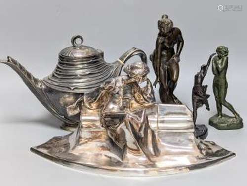 A WMF pewter teapot, an early 20th century bronze of Venus w...