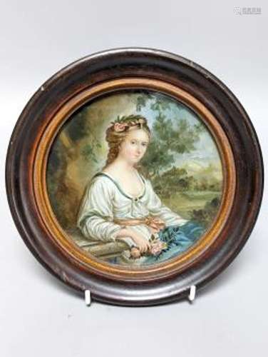 A 19th century circular reverse painting on glass, 'Lady hol...